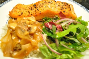pan-fried salmon, caper salad and teriyaki mushrooms over rice